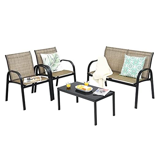 GOPLUS 4Pcs Ensemble de Salon de Jardin 4 Personnes en Tissu, Table Basse Jardin avec 1 Canapé+2 Fauteuils Jardin avec Accoudoir Lisse, pour Balcon, Terrasse, Patio,Charge 240+120+40KG, Gris