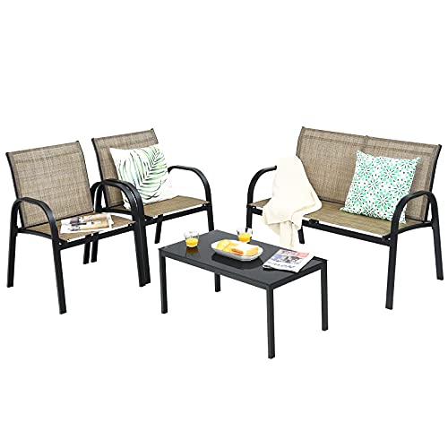 GOPLUS Conjunto de Muebles de Jardín 4 Piezas, 1 Mesa de Centro, 1 Sofá y 2 Sillones con Apoyabrazos Lisos, Tela de Malla, para Jardin, Piscina, Terraza, Patio (Marrón)