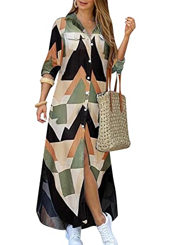 Image of DIACACY Women's Casual Lapel Collar Floral Print Maxi Dresses Side Slit Long Sleeves Loose Slim Shirt Dresses