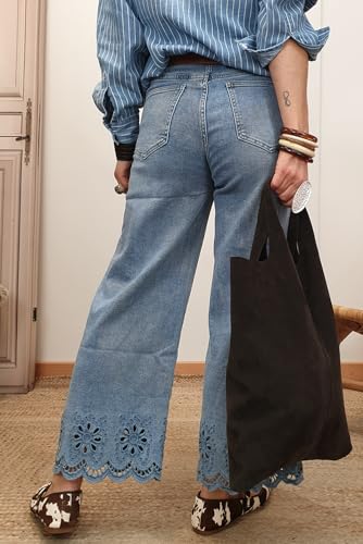 Apvirdy Women's Wide Leg Crop Jeans High Rise Floral Embroidered Strechy Casual Trendy Denim Pants4