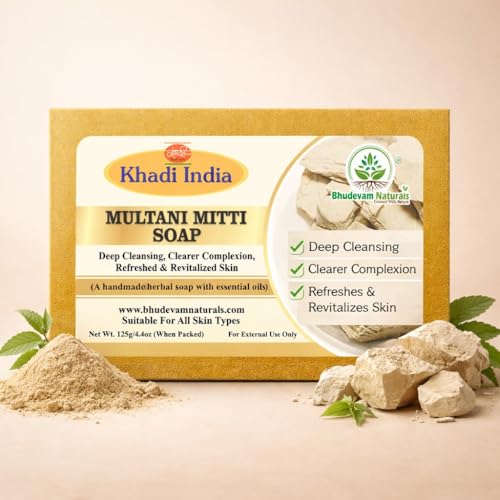 Image of Khadi Organic and Natural Multani Mitti Soap for Oily & Acne-Prone Skin | Deep Cleansing Herbal Bathing Bar with Fuller's Earth | Radiant Skin & Glowing Skin By Bhudevam Naturals | Suitable for All Skin Types - Pack of 2