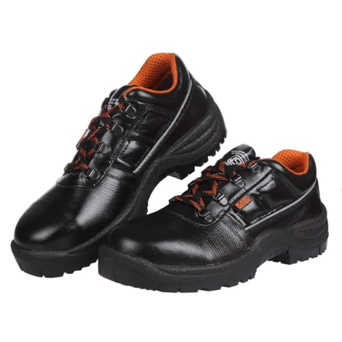 Image of BLACK+DECKER Black Grain Leather Safety Shoes for Men | Single Density | Steel Toe ||Oil, Chemical Resistant, Antislip & Sweat Absorbing | BXWB0101IN