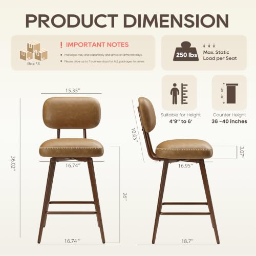 Image of MALOL 26 inch PU Leather Swivel Bar Stools Set of 6, Brown