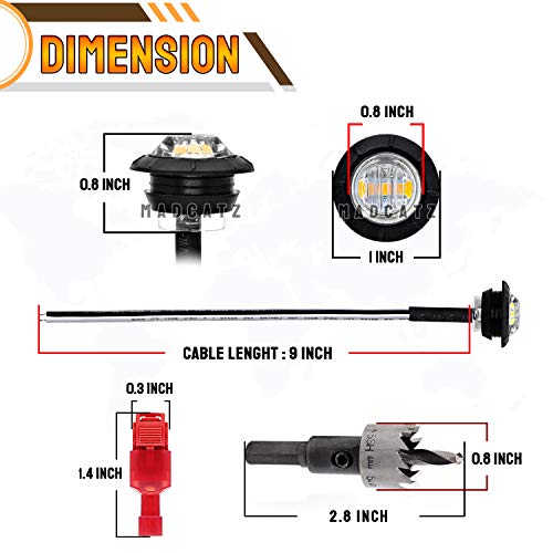 MADCATZ 3/4 Inch Round Clear Lens Amber light 3 LED 12V Side Marker Lights T-Tap Wire Connector 18-22 AWG Include Hole Saw Set 19mm Kit for Trailer Truck. - Thumbnail 3