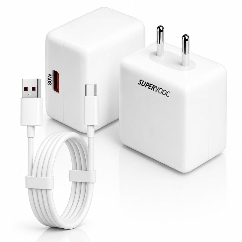 Image of 80w Super vooc Charger for realme 15,14,13,12,11,10,9,8,7,6,I,pro,x,t,se,Plus, c Series, gt Series, narzo,P1,Q,V Charge VOOC, Dart, WARP, Dash Adapter with Type-C Cable -JJ White -JJ White