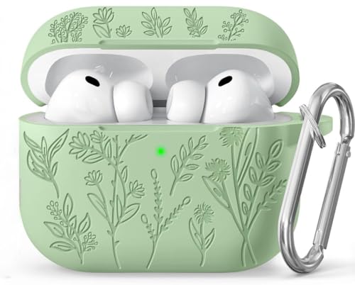Image of Meyaar Silicone Case for AirPods Pro 3 Floral Embossed, Flower Engraved Soft Silicone Cover with Keychain, Anti-Scratch, Shockproof Protective Case Cover (Pistachio Green, for AirPods Pro 3 (2025))