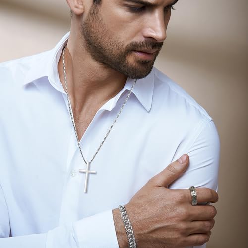 XSDSLS 3 Stück Herren Schmuck Set Edelstahl Kette mit Kreuz Anhänger Kubanische Armband Spinner Ringe Kreuz Halskette mit Box-Kette Halloween Hochzeit Geschenke für Herren Männer (Silber)