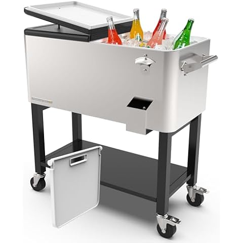 Permasteel Party Cooler with Divider, Removable Basin, Spacious 80-Qt Capacity, Chills 36hrs, Serving Tray, Rolling Ice Chest for Indoor & Outdoor, Stainless Steel Cover