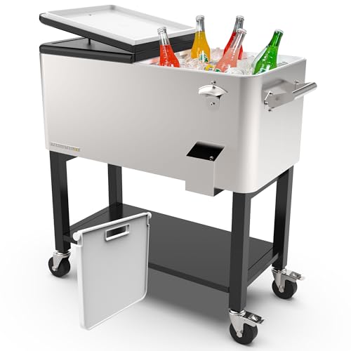Permasteel Party Cooler with Divider, Removable Basin, Spacious 80-Qt Capacity, Chills 36hrs, Serving Tray, Rolling Ice Chest for Indoor & Outdoor, Stainless Steel by Permasteel - Used condition - US$244.60