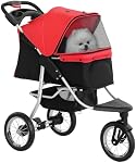 PawHut Pet Poussette pour petits chiens, 3 Roues en caoutchouc Pet Jogger, Poussette pour chien tout-terrain pliable, Canopée réglable, Porte de fenêtre en maille zippée, Panier de rangement, Rouge