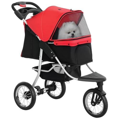 PawHut Hundewagen klappbar Hundebuggy für Hunde & Katzen bis 10 kg Katzenbuggy mit Netzfenstern Getränkbehalter Aufbewahrungskorb Katzenwagen Buggy Rot
