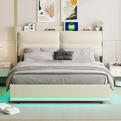 Cama de 160 x 200 cm con somier LED y USB, Cama con USB y Tipo C, Cama tapizada con Almacenamiento, Cama Doble Marco de Cama función hidráulica, cabecero