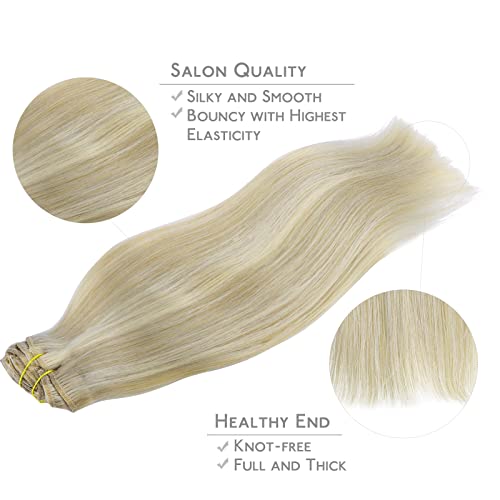 WENNALIFE 20 Inch Clip In Hair Extensions - 120g 7pcs Real Human Hair, Ash Blonde Highlighted Platinum Blonde, Coloured - Image 4