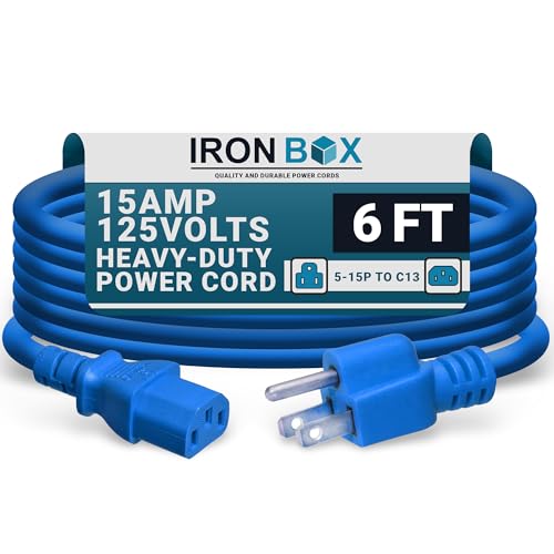 Image of IronBox Electric - Heavy-Duty 5-15P to C13 Power Cord - 3 Prong 15A 125V 14 /3 SJT PC Cable - Cord for Computer, Monitor, Subwoofer, Amplifier - Cable for Power Supply - (Blue 6 Foot)