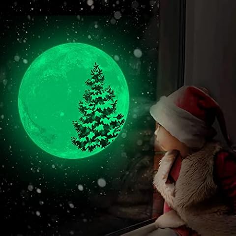 Glow in The Dark Wall Stickers, CAYUDEN Removable Christmas Wall Decals Luminous Sticker for Holiday Christmas Tree Moon Wall Window Sticker for Home Décor Nursery Room Christmas Decorations Stickers Cover