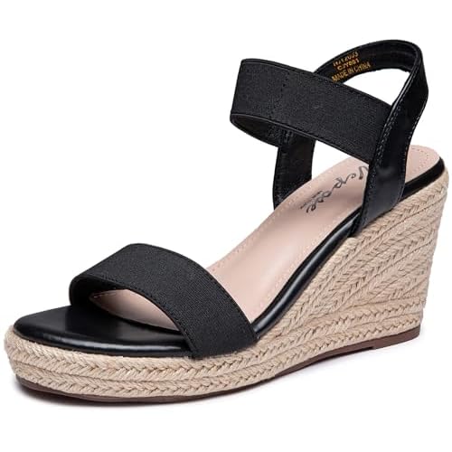 Vepose Women's Wedge Sandals Platform Espadrilles Open Toe Ankle Strap Comfortable Dressy Summer Shoes for Daily Travel Casual 881 10 Black