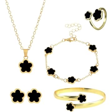 GWAWG Set di gioielli con quadrifoglio, 5 pezzi: collana, braccialetto, orecchini, anello - regalo elegante portafortuna per compleanno e San Valentino