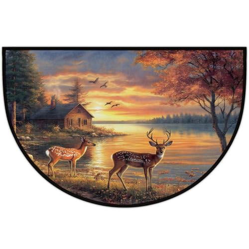 Image of cfpolar Half Round Door Mat Animals Forest Deer Autumn Non-Slip Semi Circle Area Rug Washable Half Moon Hearth Rugs for Indoor Outdoor Bathroom Kitche