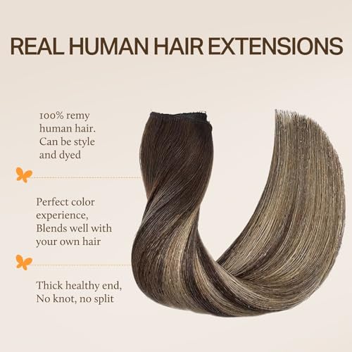 Image of DOORES Wire Hair Extensions, Balayage Chocolate Brown to Honey Blonde 22 Inch 120g Fish Line Weft Extensions and 2pcs 30g Clip ins, 100g Invisible Wire Real Human Weft Seamless Hairpiece