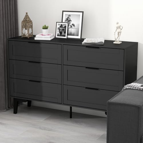 Image of Modern Wooden Dresser with Drawers, Tall Bedroom Storage Chest of Drawers, Wide Storage Dresser for Bedroom, Living Room, Entryway, Sturdy Organizer Cabinet Furniture,Black