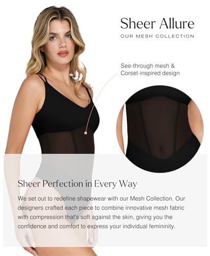 Popilush Women Mesh Shapewear Bodysuit Tummy Control Going Out Corset Tops Double Spaghetti Strap Body Suits4
