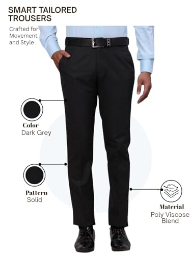 Image of Raymond Men's Slim Fit Mid Rise Solid Pattern Polyester Viscose Blend Flat Front Trouser