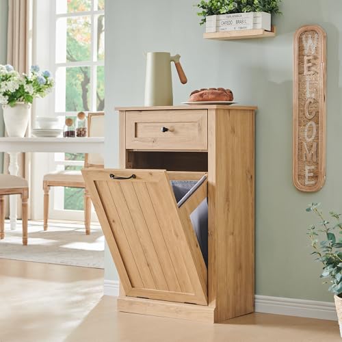 Image of IFBUY Tilt Out Laundry Hamper Cabinet, Trash Can Cabinet, Natural