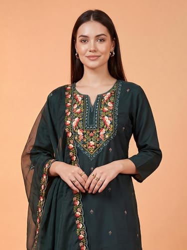 Image of INDO ERA Women's Silk Blend Floral Embroidered Thread Work Kurta & Pant with Dupatta Set