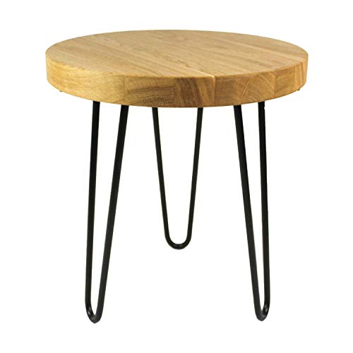 heimzeit Beistelltisch rund aus hochwertigem Massivholz Eiche [Dicke: 4 cm, Ø 40 cm] - Couchtisch Eiche [FSC-Zertifiziert] im stilvollen Industriedesgin mit schwarzen Hairpin Legs [41 cm] Cover