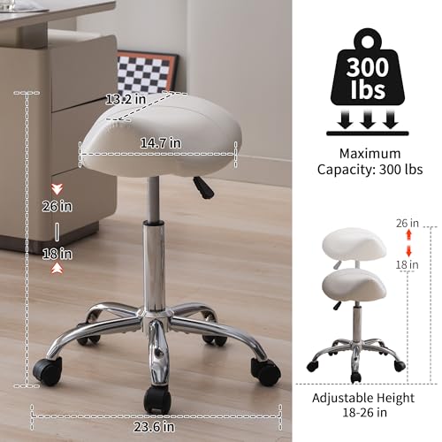 Image of FIRAVOE Saddle Stool, Swivel Saddle Stool with Wheels, Adjustable Rolling Stool 18 inch-26 inch, Faux Leather Rolling Stool for Salon, Massage, Clinic, Lab, Office, White, 1PCS