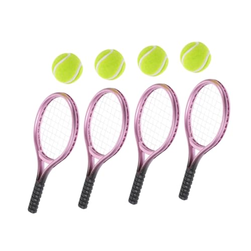 FUNOMOCYA 4セット ミニテニスラケットとボール ドールハウス用スポーツアクセサリー リアルな外観 小型携帯便利 向け手先訓練用 模型クラフ
