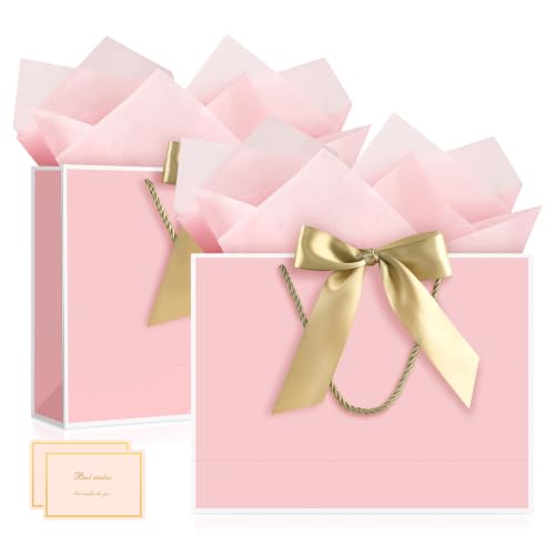Image of JMANNI Gift Bags with Handles, 13 inch Medium Gift Bag for Presents, 2 Pcs Bags with 4 Tissue Paper and 2 Cards for Baby Shower Wedding Bridal Shower Mother's Day Birthday Party (Pink-white)