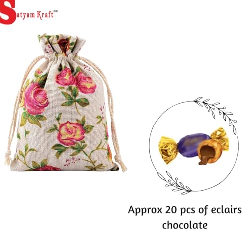 Image of SATYAM KRAFT 50 Pcs Mini Jute Potli Bags Flower Print | Gift Pouch for Gifting, Baby Shower, Wedding,Corporate Gifting, Party Favors, Return Gift, Dry fruits, Jewellery, Sweets, Chocolates (Multi)