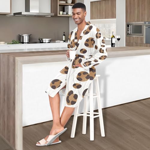 Brown Leopard Pattern on White Mens Night-Robe Lightweight Soft Bathrobe Sleepwear with Pockets4