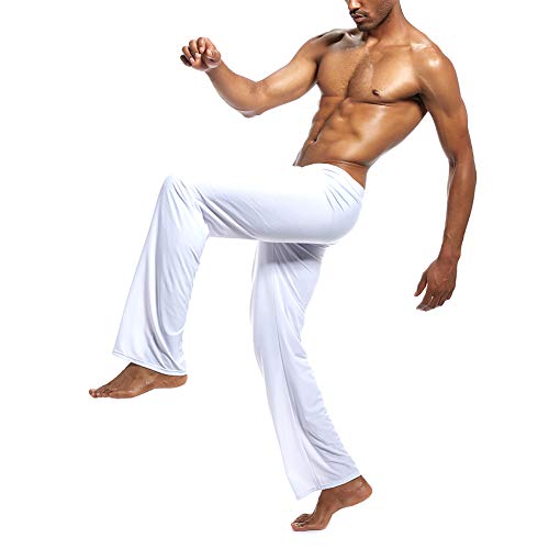 Silk Yoga Pants For Men, Men's Long Ice Silk Harem Yoga Pilates Pants Lounge Trousers Sleepwear Bottoms With Elastic Drawstring (White, L) #TOP4