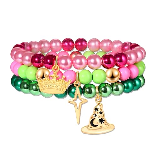 3 Pcs Friendship Elphaba Glinda Matching Bracelets Crown Witch Hat Bracelets Pink Green Beads BFF Couples Accessories Gifts for Fans Dress Decor