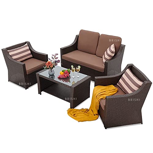 Image of Amazon Brand - Solimo Solara Outdoor 4 Seater Sofa Set | Balcony Sofa | Patio Furniture Sets | Conversation Sets | Wicker | Garden | Balcony | (Dark Brown)
