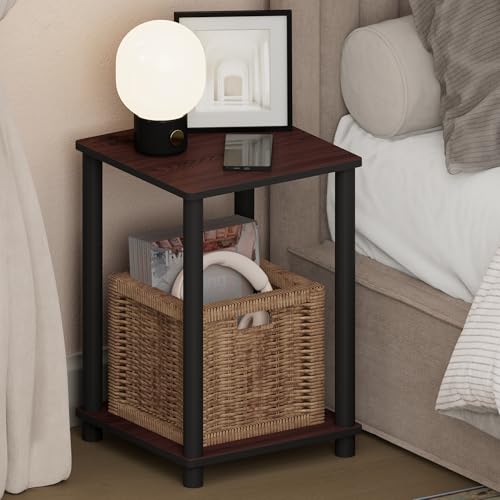 Image of Furinno Turn-N-Tube Night Stand, 2-Tier Open Shelf Design Nightstand, Toolless Square Bedside Table, End Table, Side Table, for Bedroom, Closet, Dorm, Dark Cherry