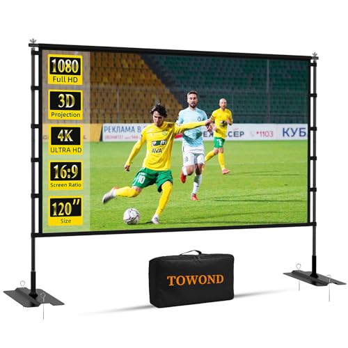 Image of TOWOND 120 inch Projector Screen with Stand, Outdoor Movie Screen for Backyard and Camping, 4K HD 16:9 Anti-Crease Portable with Carry Bag for Home Theater - Support Double Sided