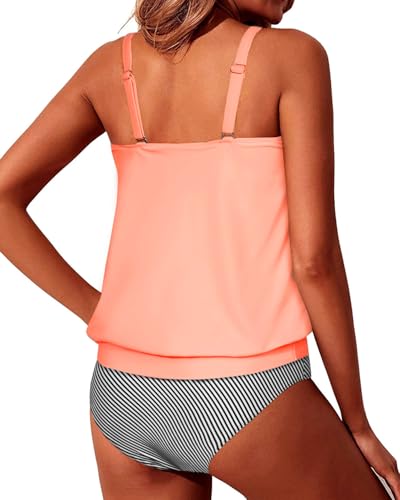 Image of Yonique Women Vintage Chevron 2 Piece Ruched Padded Tankini Set Flyaway Top With Triangle Brief Bottom Bathing Suit