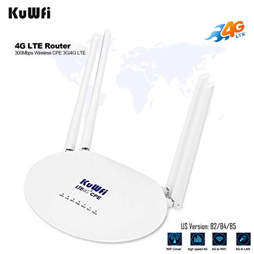 KuWFi 4G LTE SIM Router Wireless WiFi Internet 300Mbps Unlocked with 4pcs Non-Detachable