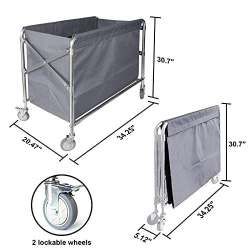 Laundry Cart With Wheels 34.25”L X 20.47”W X 30.7”H, Commercial Laundry Cart 440Lbs Load Capacity, Stainless Steel Frame Waterproof Oxford Bag Foldable Industrial Laundry Hamper (Grey) #TOP1
