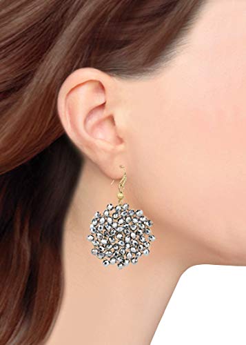Pomina Handwired Crystal Beaded Cluster Floral Circle Dangle Drop Earrings For Women (Hematite) #TOP2