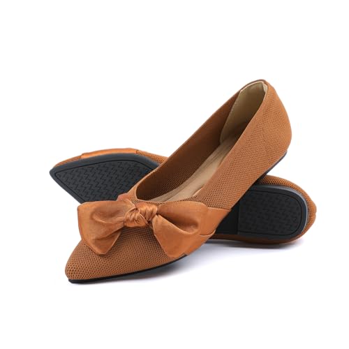 Semwiss Pointed Toe Ballet Flats for Women Slip On Comfortable Flats with Bow Dressy Casual Work Shoes Brown 10