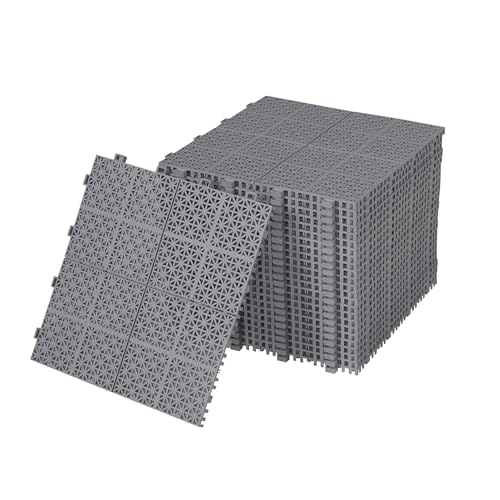 12” x 12” Modular Interlocking Cushion, 24 Pack Drainage Interlocking Floor Tiles, High-Strength Plastic Non-Slip Splicing Drainage Mats for Deck, Patio, Bathroom, Balcony, (Rosette Pattern, Gray)