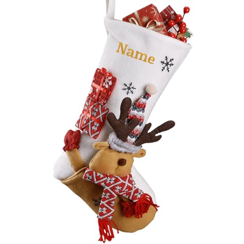iDIY Calcetines de Navidad Personalizados con Nombre - Calcetines Navideños Personalizados con 3D Papá Noel, Reno, Muñeco de Nieve - Reno