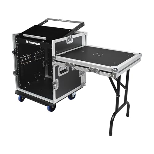 PRORECK 12U Rack/Road Case With Slant Mixer Top, One Side table And Casters, 20'' Rackable Depth, Plywood, 12U Installation Size, Pro Stage Performance.