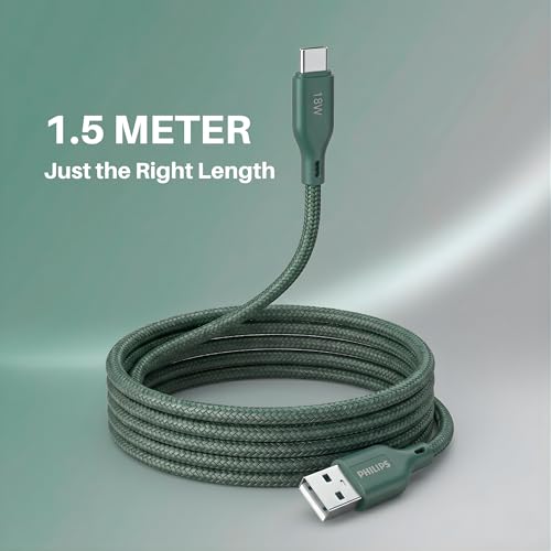 Image of PHILIPS DLC4150AT /94 18W Type-A to Type-C Fast Charging Cable (1.5m, Crystal Teal) | Nylon Braided | Compatible with iPhone 15+ Series, USB-C iPad Models, Samsung Galaxy & All Type C Devices