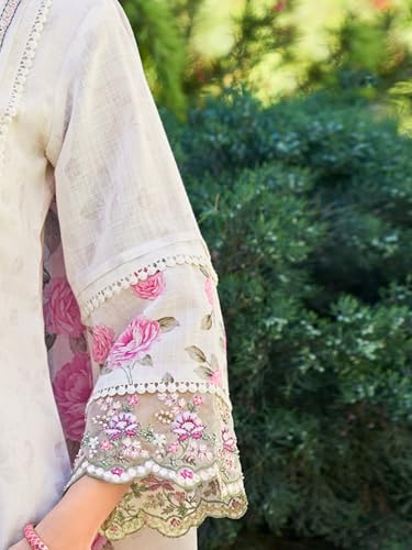 Image of INDO ERA Women's Straight Linen Floral Embroidered Kurta Pant with Dupatta Set (IEOUT9902)