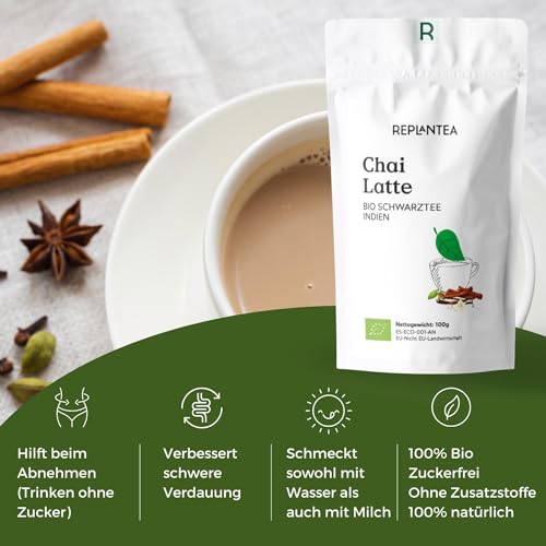 Chai Tee Lose Bio 100g (50 Tassen) | Chai Latte Zuckerfrei mit feinstem Ingwer, Zimt, Vanille, Kardamom, Anis REPLANTEA